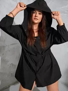 SHEIN EZwear 大碼腰部抽繩連帽外套 - 黑色 - 查看 3