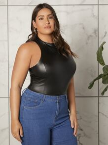 SHEIN Privé Áo liền quần chặt Kích thước lớn màu trơn Gợi cảm - màu đen - Xem 5