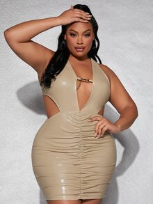 SHEIN SXY 大碼PU皮革鏤空環鏈細節褶邊緊身連衣裙 - 卡其色 - 查看 5