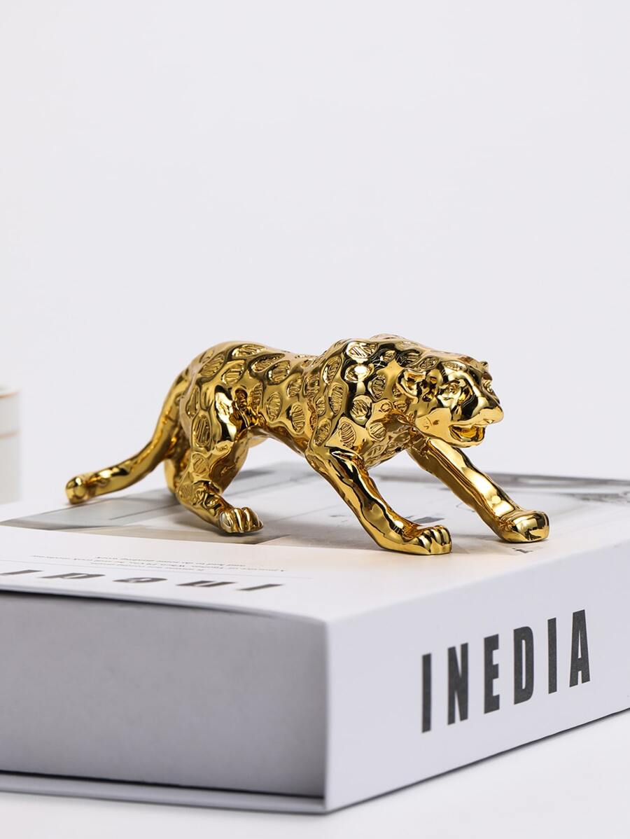 1 pieza Artesanía de decoración de poliresina chapada, objeto decorativo de diseño de leopardo de color dorado creativo para el hogar, mejor regalo - Dorado - Ver 1