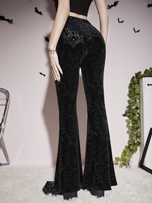 Ring Detail Mesh Insert Jacquard Velvet Flare Leg Trousers - Black - View 2