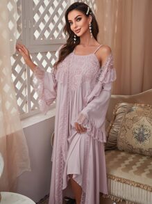 PalaceNights 蕾絲拼接荷葉邊附腰帶睡袍和吊帶連衣裙睡衣套裝 - 藕粉色 - 查看 3