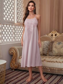 PalaceNights 蕾絲拼接荷葉邊附腰帶睡袍和吊帶連衣裙睡衣套裝 - 藕粉色 - 查看 5