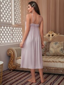 PalaceNights 蕾絲拼接荷葉邊附腰帶睡袍和吊帶連衣裙睡衣套裝 - 藕粉色 - 查看 6