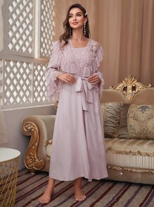 PalaceNights 蕾絲拼接荷葉邊附腰帶睡袍和吊帶連衣裙睡衣套裝 - 藕粉色 - 查看 7