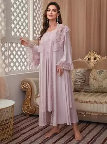 PalaceNights 蕾絲拼接荷葉邊附腰帶睡袍和吊帶連衣裙睡衣套裝 - 藕粉色 - 查看 1