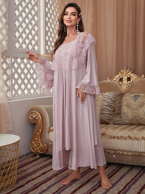 PalaceNights 蕾絲拼接荷葉邊附腰帶睡袍和吊帶連衣裙睡衣套裝