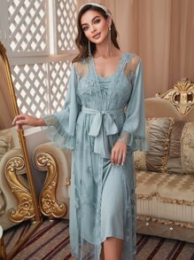 con encaje en contraste con mariposa aplique Bata con cinturón & fruncido Vestido de tirantes Conjunto de pijama - Azul Cadete - Ver 6