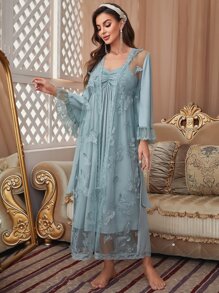 con encaje en contraste con mariposa aplique Bata con cinturón & fruncido Vestido de tirantes Conjunto de pijama - Azul Cadete - Ver 7