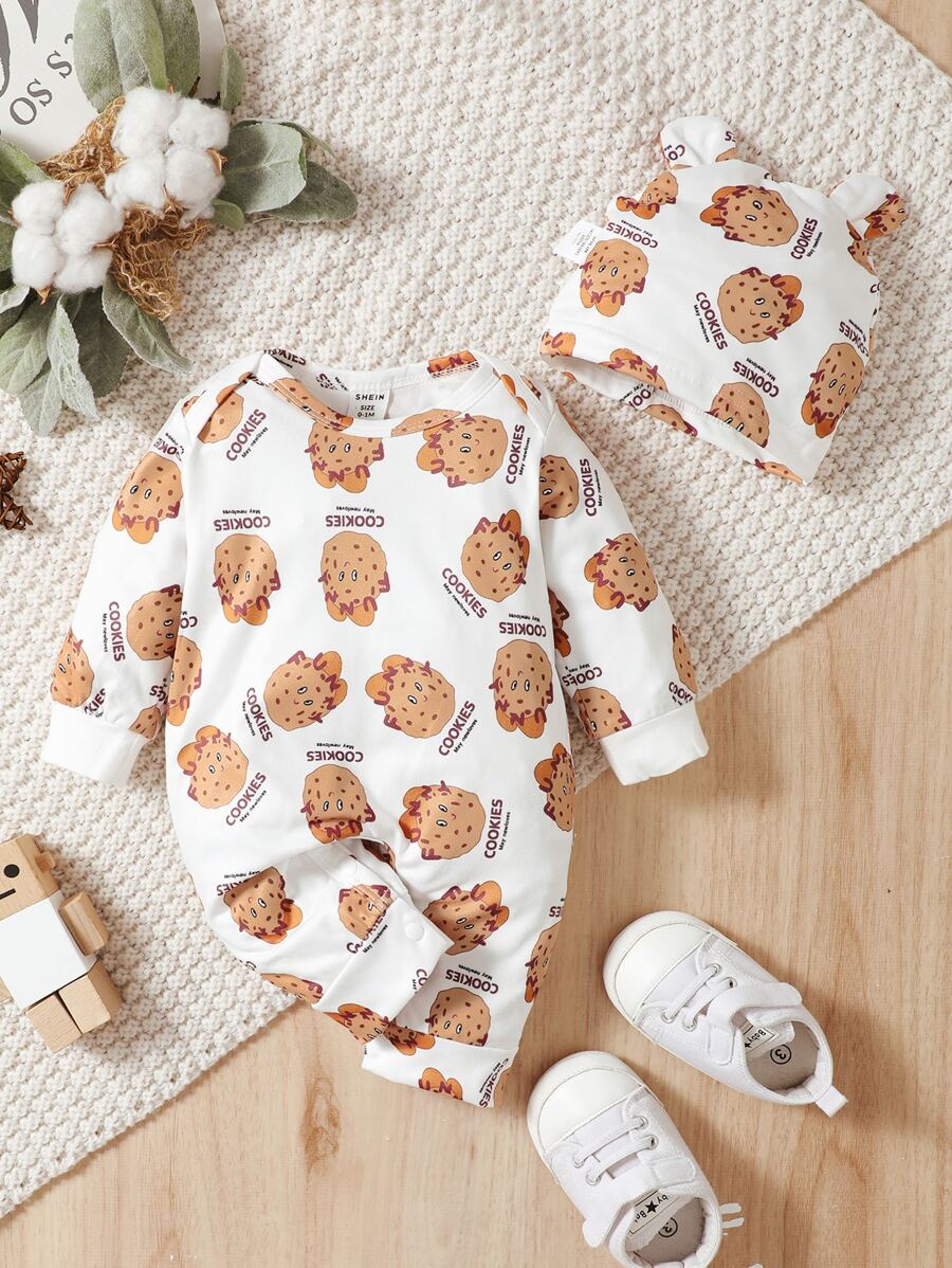 Baby Cookies & Letter Graphic Jumpsuit & Hat - Multicolor - View 1