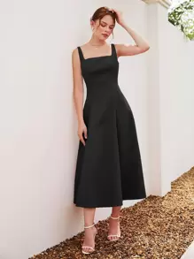 INAWLY Square Neck Sleeveless A-line Dress - Black - View 5