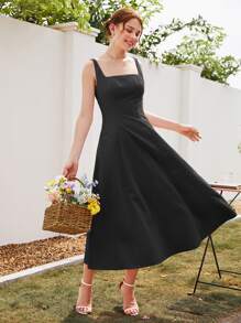 INAWLY Square Neck Sleeveless A-line Dress - Black - View 6