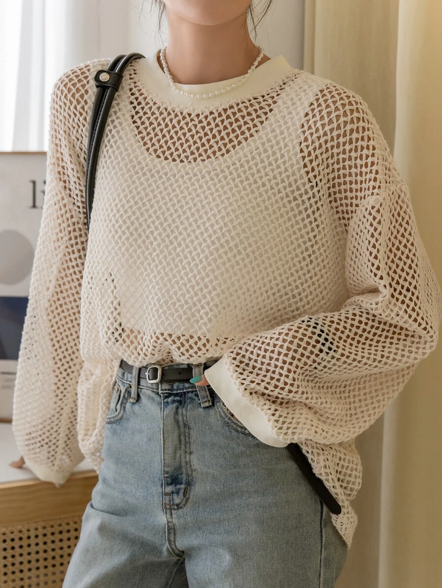 DAZY Hollow Out Drop Shoulder Top Without Bra Sheer,Beach Outfits Long Sleeve Women Tops,Fall Women Clothes - Apricot - View 1