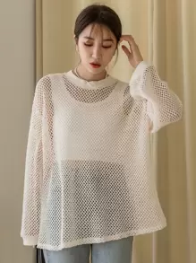 DAZY Hollow Out Drop Shoulder Top Without Bra Sheer,Beach Outfits Long Sleeve Women Tops,Fall Women Clothes - Apricot - View 3