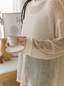 DAZY Hollow Out Drop Shoulder Top Without Bra Sheer,Beach Outfits Long Sleeve Women Tops,Fall Women Clothes - Apricot - View 4