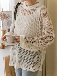 DAZY Hollow Out Drop Shoulder Top Without Bra Sheer,Beach Outfits Long Sleeve Women Tops,Fall Women Clothes - Apricot - View 5