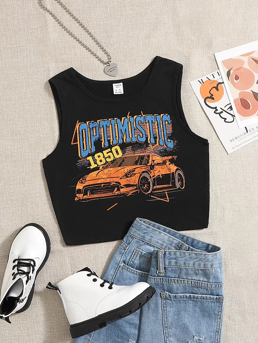 SHEIN 青少年女孩字母和汽車印花背心上衣 - 黑色 - 查看 1
