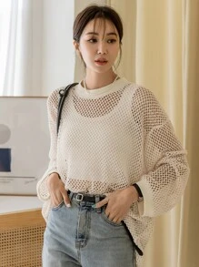 DAZY Hollow Out Drop Shoulder Top Without Bra Sheer,Beach Outfits Long Sleeve Women Tops,Fall Women Clothes - Apricot - View 7