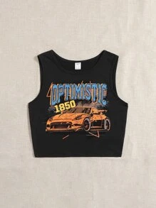 SHEIN 青少年女孩字母和汽車印花背心上衣 - 黑色 - 查看 3