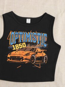 SHEIN 青少年女孩字母和汽車印花背心上衣 - 黑色 - 查看 5