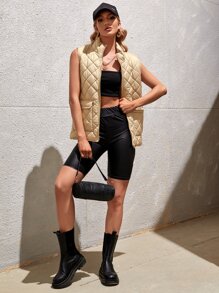 SHEIN Unity 翻蓋口袋馬甲絎縫大衣 - 卡其色 - 查看 4