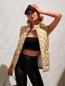 SHEIN Unity 翻蓋口袋馬甲絎縫大衣 - 卡其色 - 查看 3