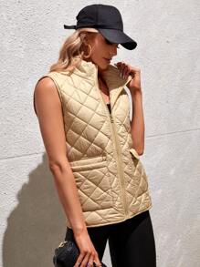 SHEIN Unity 翻蓋口袋馬甲絎縫大衣 - 卡其色 - 查看 1