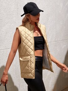 SHEIN Unity 翻蓋口袋馬甲絎縫大衣 - 卡其色 - 查看 6