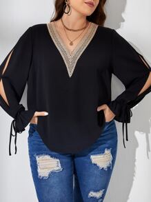 SHEIN Clasi 大碼蕾絲拼接打結袖口襯衫 - 黑色 - 查看 1