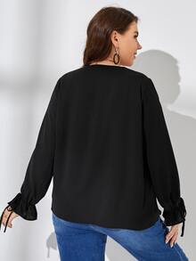 SHEIN Clasi 大碼蕾絲拼接打結袖口襯衫 - 黑色 - 查看 2