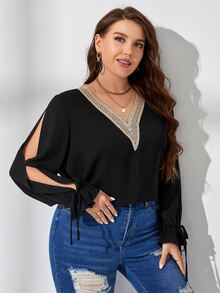 SHEIN Clasi 大碼蕾絲拼接打結袖口襯衫 - 黑色 - 查看 3