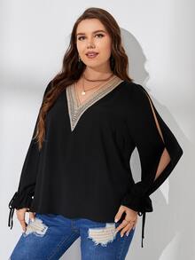 SHEIN Clasi 大碼蕾絲拼接打結袖口襯衫 - 黑色 - 查看 4