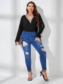 SHEIN Clasi 大碼蕾絲拼接打結袖口襯衫 - 黑色 - 查看 5