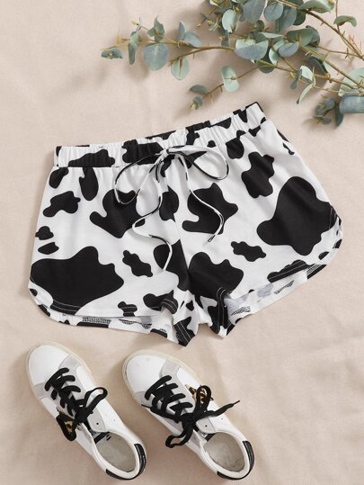 Plus Cow Print Tie Waist Shorts
