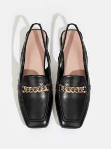 CUCCOO BIZCHIC Woman Shoes Fashion Chain Decor Black Square Toe Slingback Flats For Summer Vacation Shoes Summer Back To School Shoes College Student Shoes Elegant Basics Business Casual Business Chic Spring Shoes Spring Break Easter For Christmas - Black - View 5