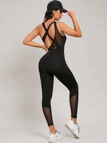 SHEIN Sports Contrast Mesh Crisscross Backless Sports Jumpsuit - Black - View 3