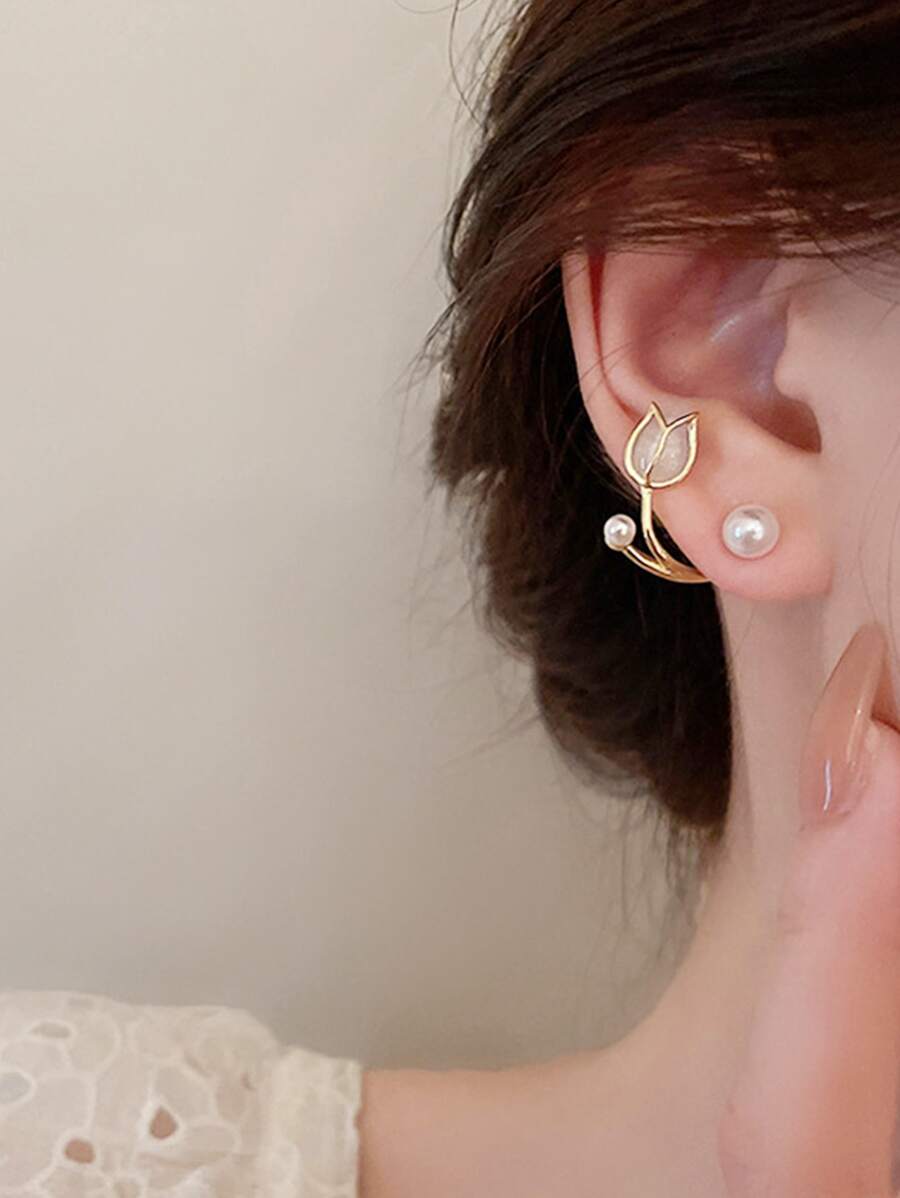 Áo khoác bông tai trang trí bằng ngọc trai và hoa - Vàng - Xem 1