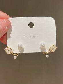 Áo khoác bông tai trang trí bằng ngọc trai và hoa - Vàng - Xem 2