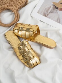 金屬質感蛇皮壓花平底穆勒鞋 - 金色 - 查看 1