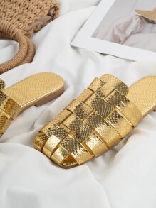 金屬質感蛇皮壓花平底穆勒鞋 - 金色 - 查看 2