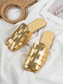 金屬質感蛇皮壓花平底穆勒鞋 - 金色 - 查看 4