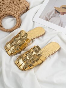 金屬質感蛇皮壓花平底穆勒鞋 - 金色 - 查看 5