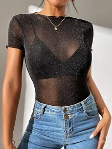 SHEIN PETITE Glitter Sheer Mesh Top Without Bra - Black - View 4