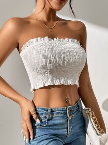 SHEIN PETITE Frill Trim Shirred Tube Summer Top