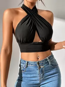 SHEIN PETITE Crossover Backless Crop Halter Top - Black - View 1