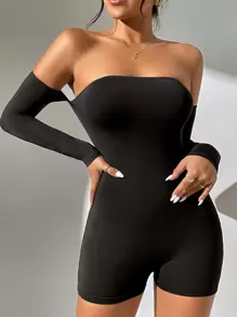 SHEIN PETITE 一字肩彈力緊身連體短褲 - 黑色 - 查看 1