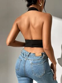 SHEIN PETITE Crossover Backless Crop Halter Top - Black - View 2