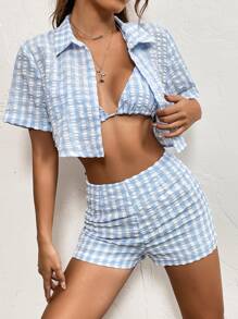 SHEIN PETITE Gingham Print Crop Blouse & Halter Top & Shorts - Blue and White - View 1