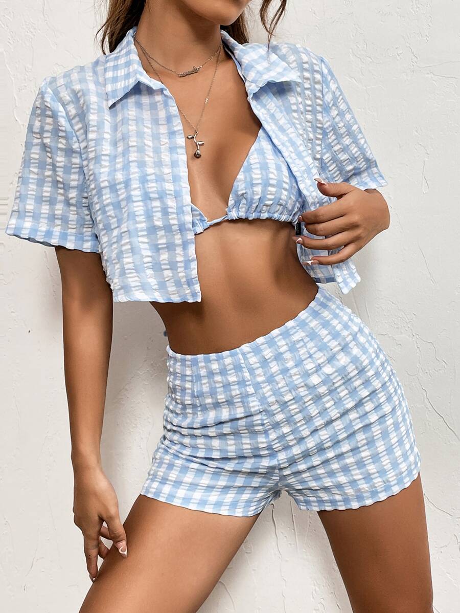 SHEIN PETITE Gingham Print Crop Blouse & Halter Top & Shorts - Blue and White - View 1