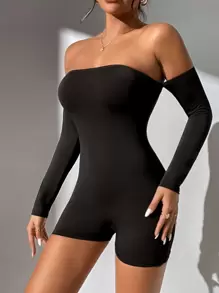 SHEIN PETITE 一字肩彈力緊身連體短褲 - 黑色 - 查看 5